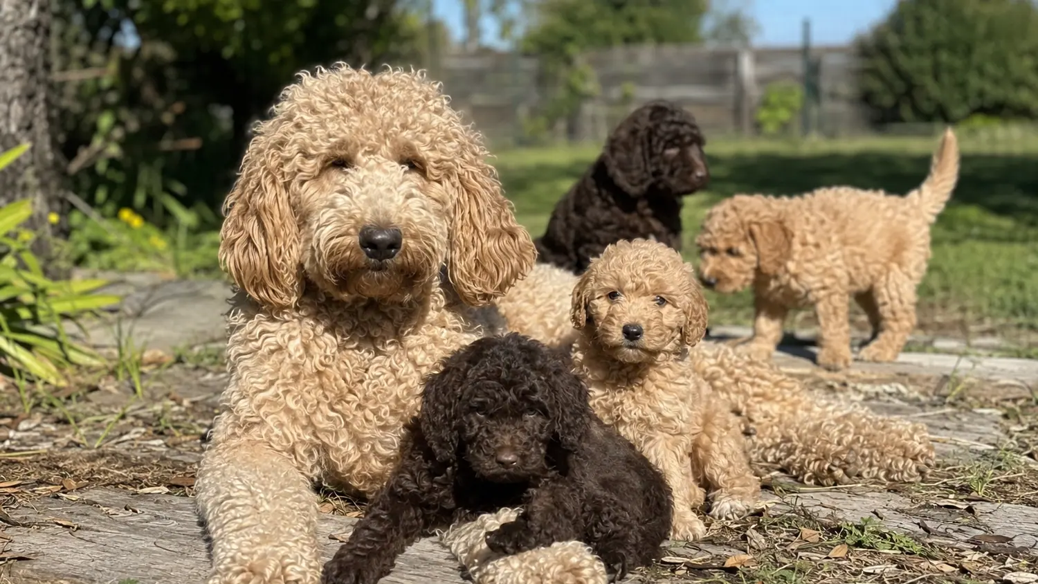 Apricotfarbene Australian Cobberdog Hündin liegt in der Sonne, umgeben von vier Welpen ihres Wurfs