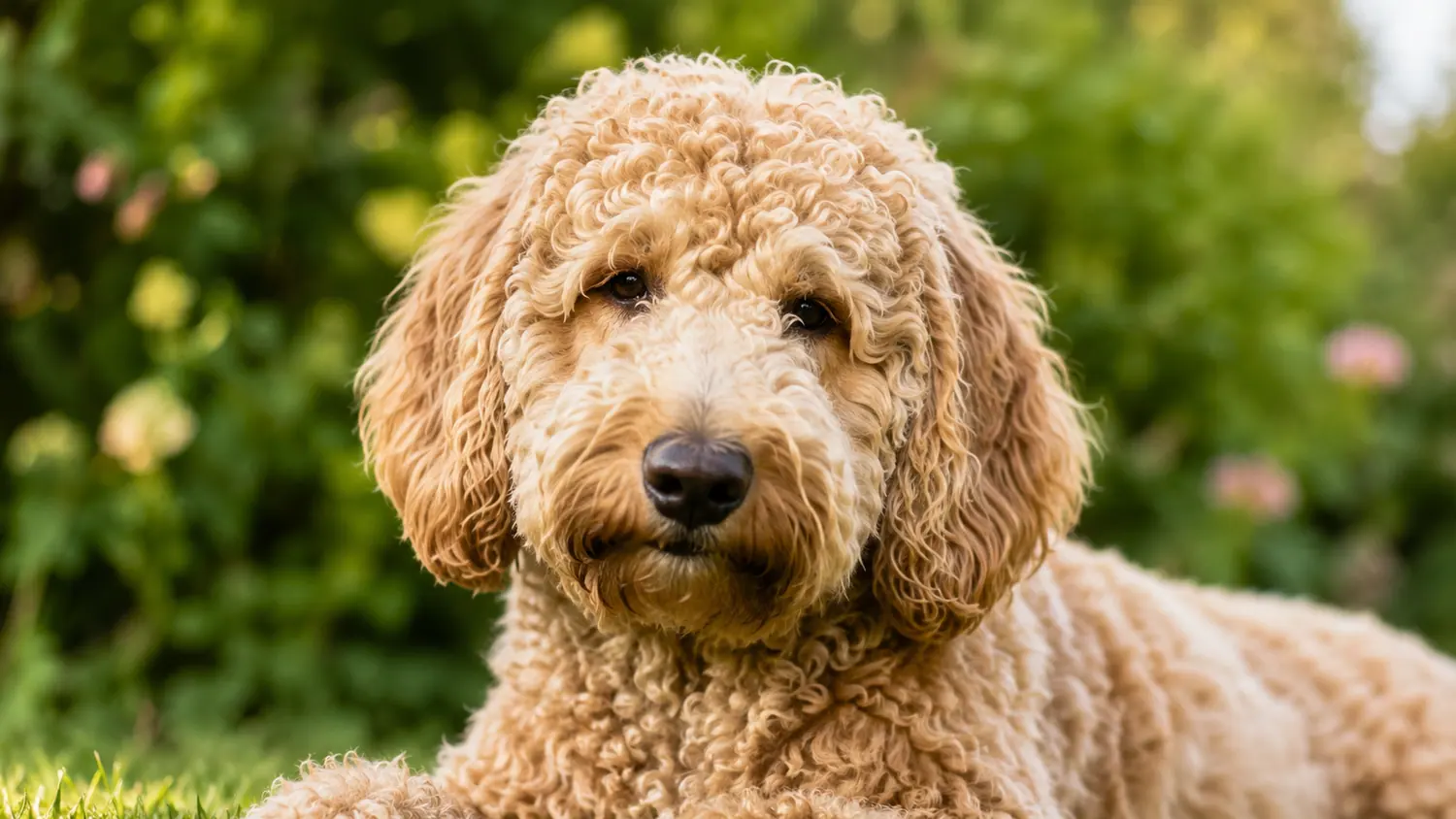 Porträt eines erwachsenen apricotfarbenen Australian Cobberdogs mit dichtem, lockigem Fell