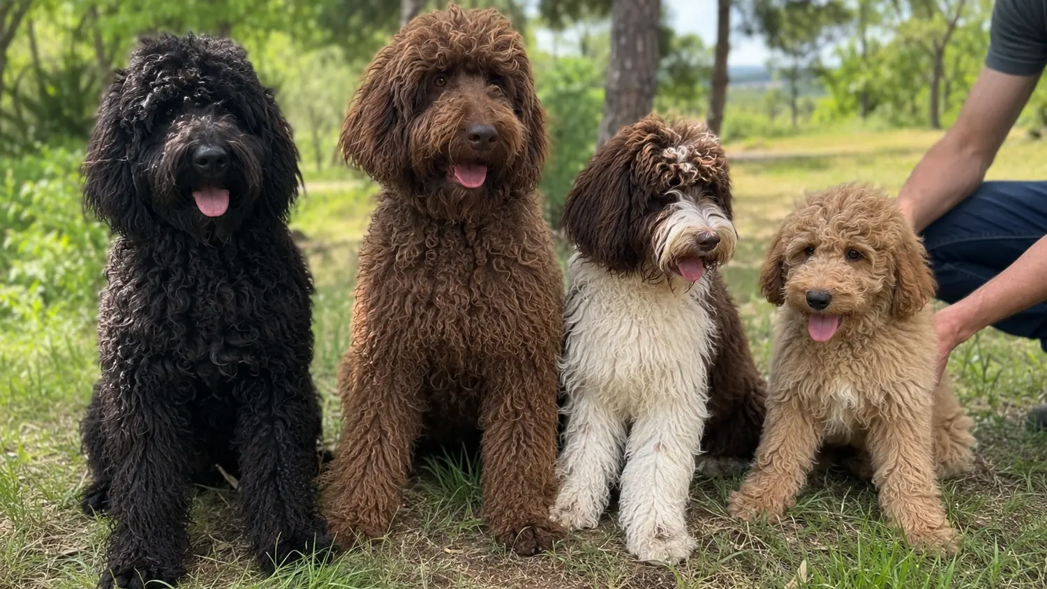 Vier Australian Cobberdogs verschiedener Größe sitzen in einer Reihe