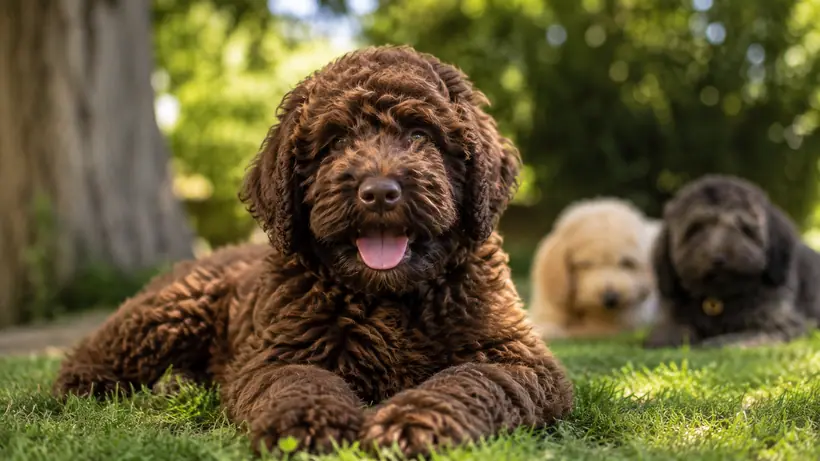 Schokoladenbrauner Australian Cobberdog Welpe liegt im Gras, zwei weitere Welpen unscharf im Hintergrund
