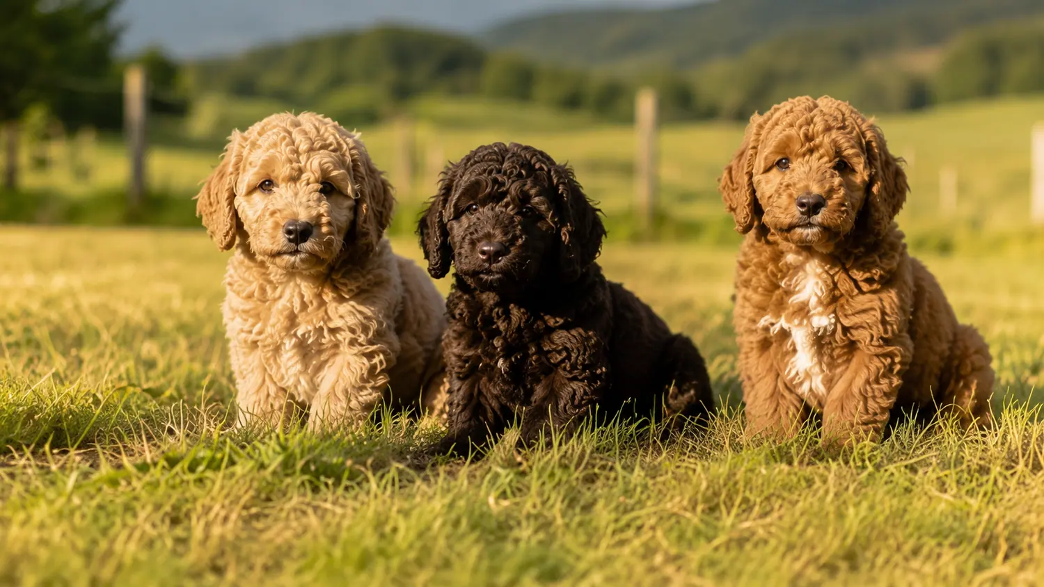 Drei Australian Cobberdog Welpen in Creme, Schwarz und Rot sitzen auf einer Wiese im Abendlicht