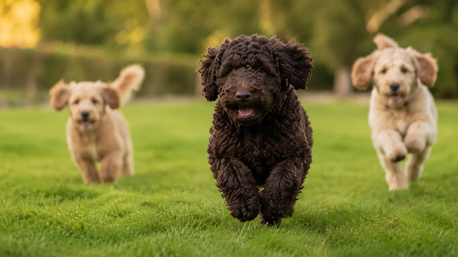 Drei Australian Cobberdog Welpen laufen frontal über den Rasen eines Gartens