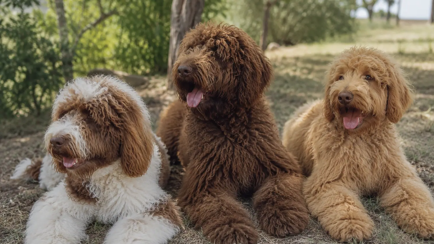 Drei erwachsene Australian Cobberdogs ruhen im Schatten von Bäumen