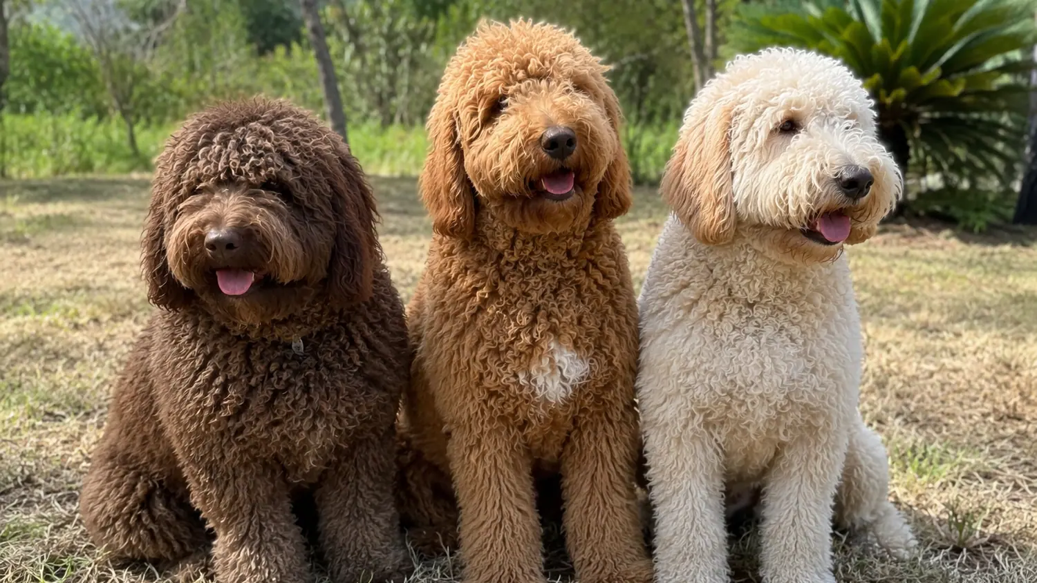 Drei erwachsene Australian Cobberdogs in Schokolade, Rot und Creme sitzen in einer Reihe im Gras