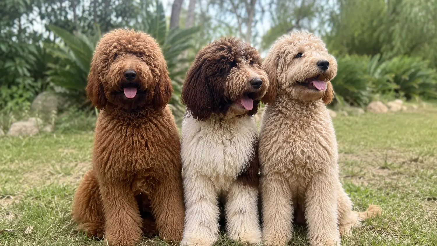 Drei erwachsene Australian Cobberdogs sitzen nebeneinander im Gras eines Gartens