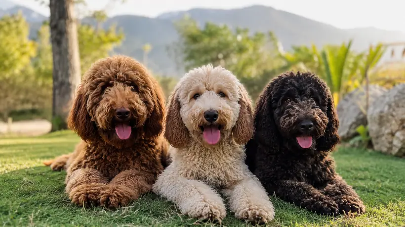Illustration mit drei Australian Cobberdogs vor einem Berg