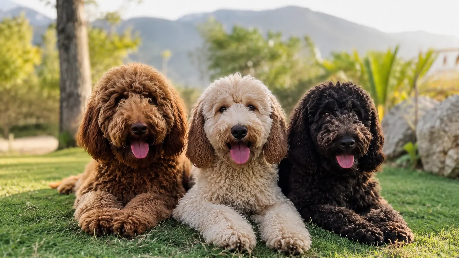 Drei erwachsene Australian Cobberdogs liegen im Gras, im Hintergrund ein Berg