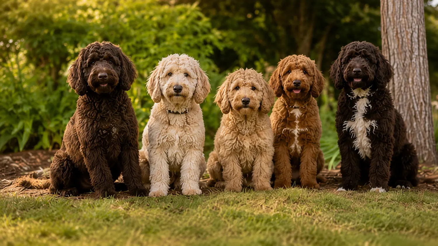 Fünf erwachsene Australian Cobberdogs verschiedener Farben sitzen in einer Reihe im Garten