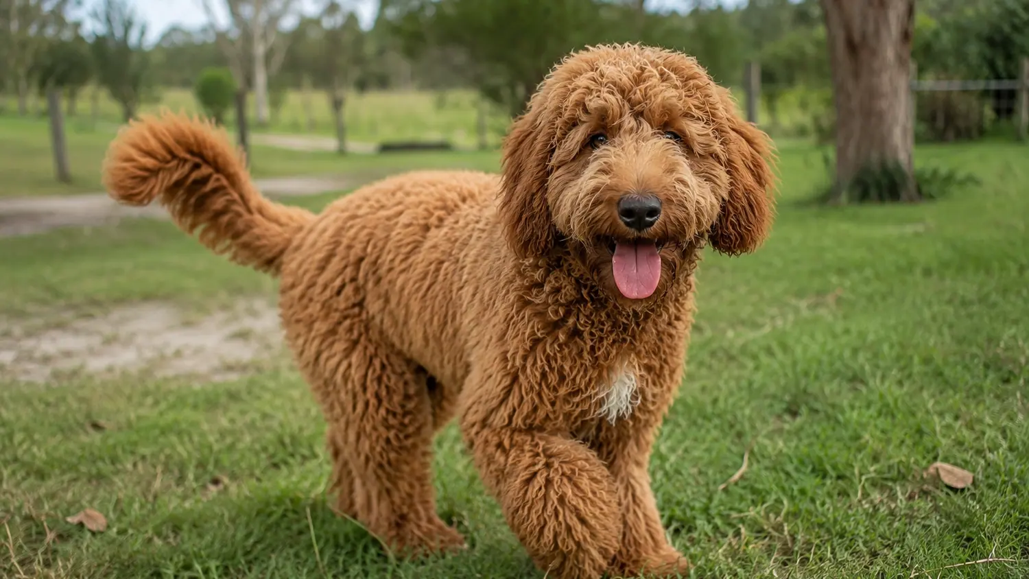 Roter erwachsener Australian Cobberdog steht im Gras neben einem Feldweg
