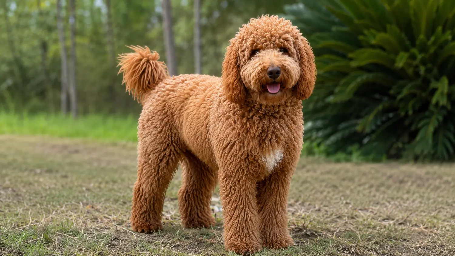 Roter erwachsener Australian Cobberdog steht im Gras neben einer großen Pflanze
