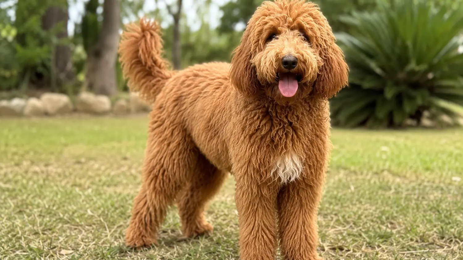 Roter erwachsener Australian Cobberdog steht im Gras und blickt in die Kamera
