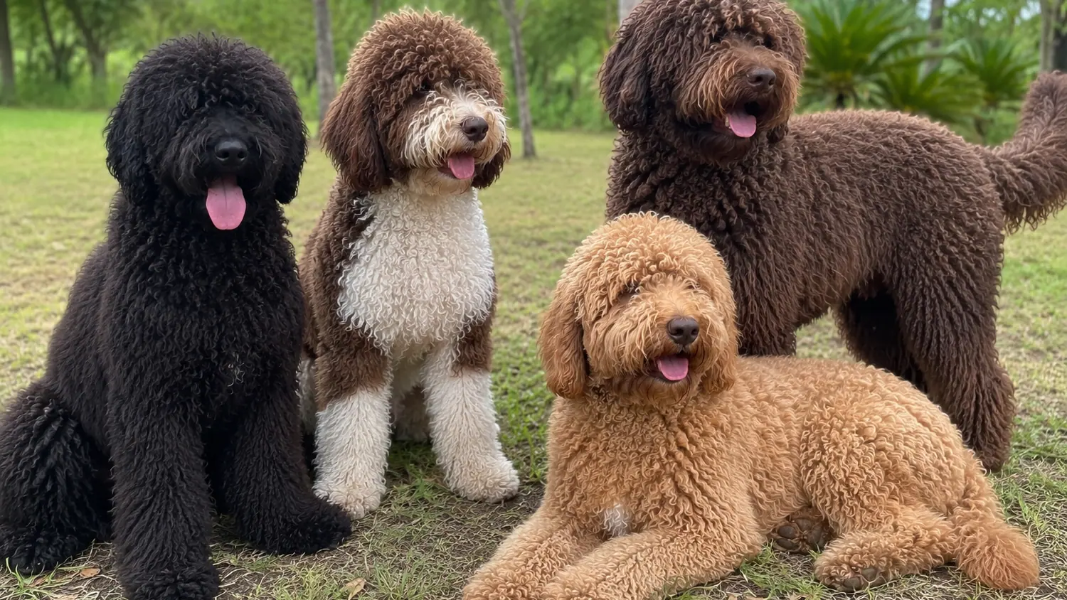 Vier erwachsene Australian Cobberdogs in Schwarz, Schokolade, mehrfarbig und Rot auf dem Rasen eines Gartens