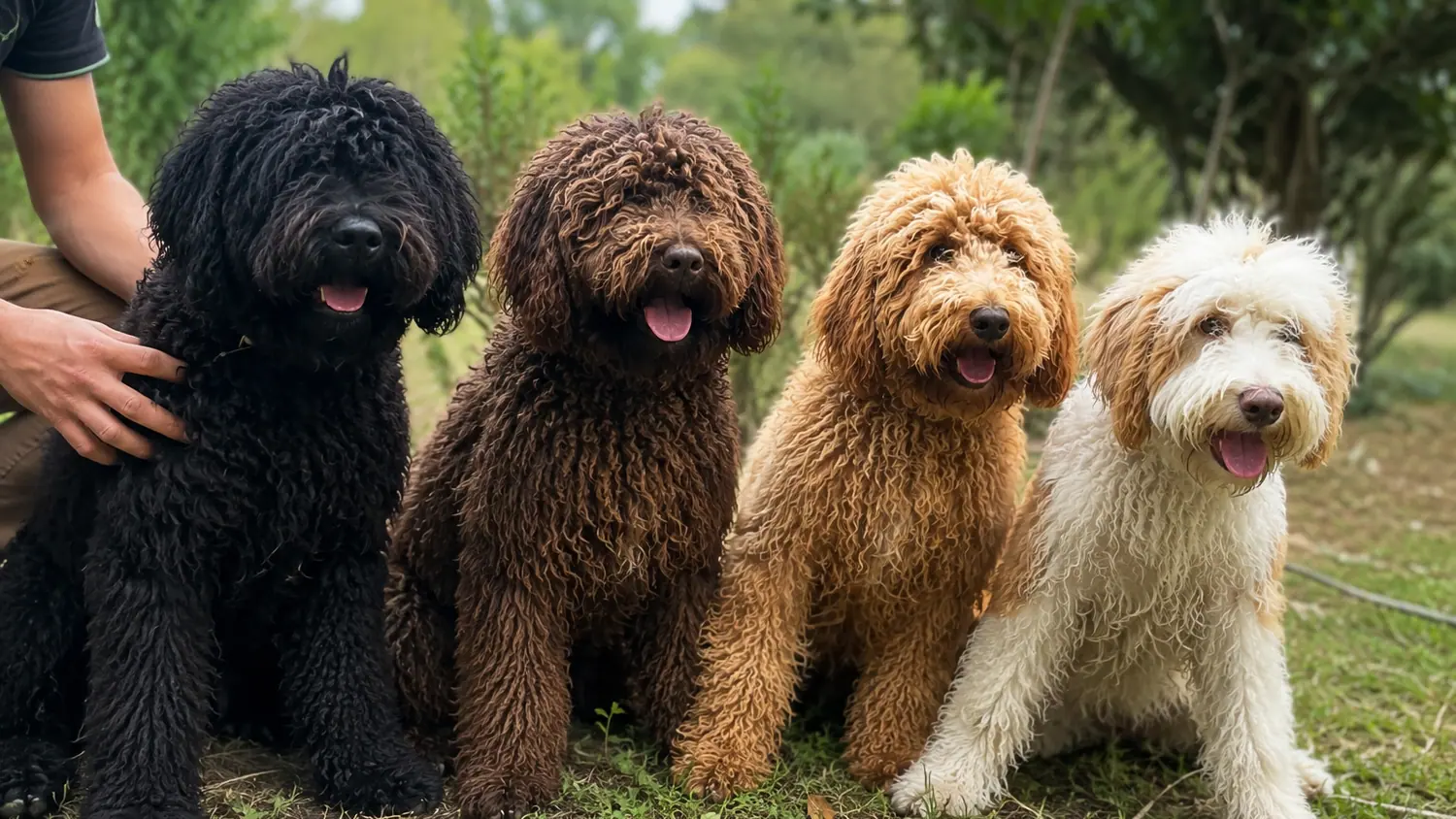 Vier erwachsene Australian Cobberdogs sitzen in einer Reihe, eine Hand streichelt den schwarzen Hund