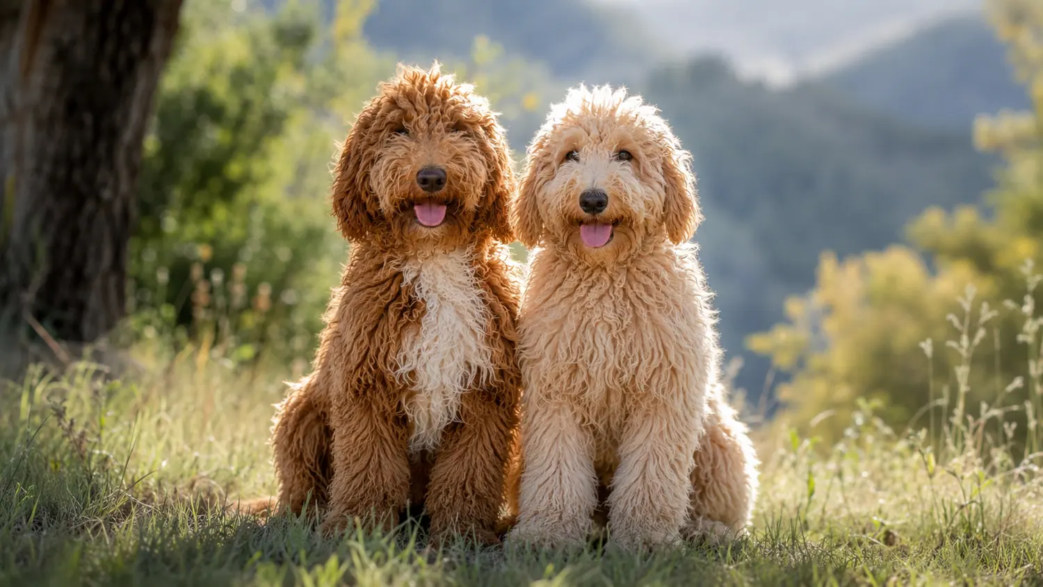 Zwei erwachsene Australian Cobberdogs, rot und creme, sitzen im Gras vor Bergen im goldenen Abendlicht